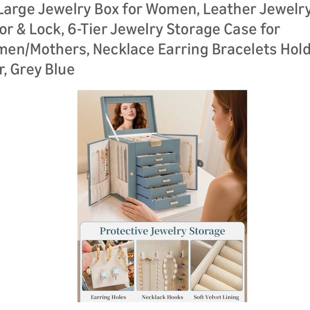 Blue Jewelry Storage Box with Drawers and Handle - Picture 7 of 7